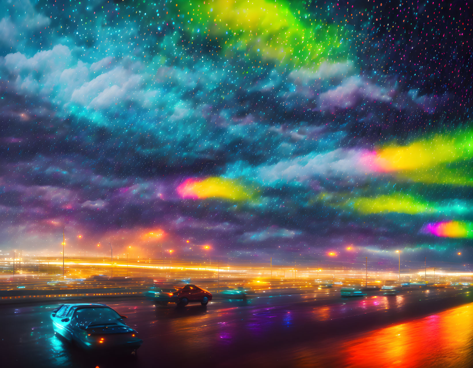 Night highway scene with vibrant starry sky and colorful lights