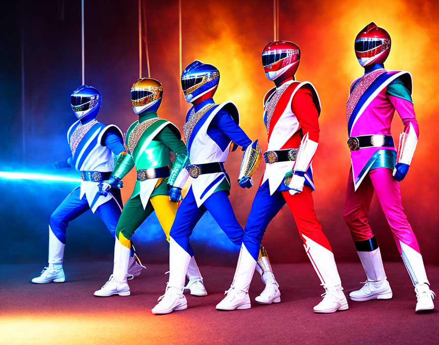 Five Power Rangers in Colored Costumes in Dynamic Pose with Colorful Light Beams