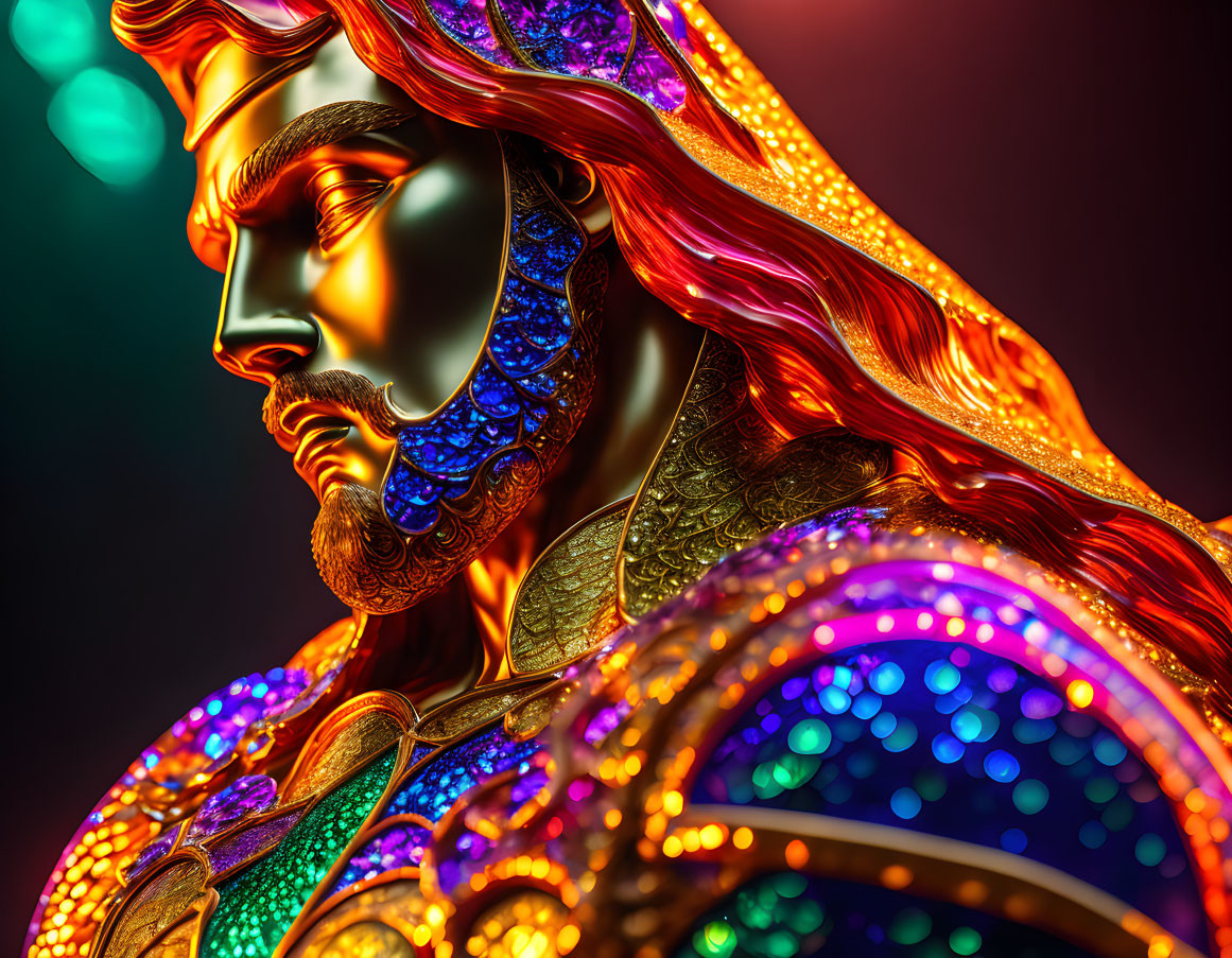 Regal figure in ornate armor under colorful lighting