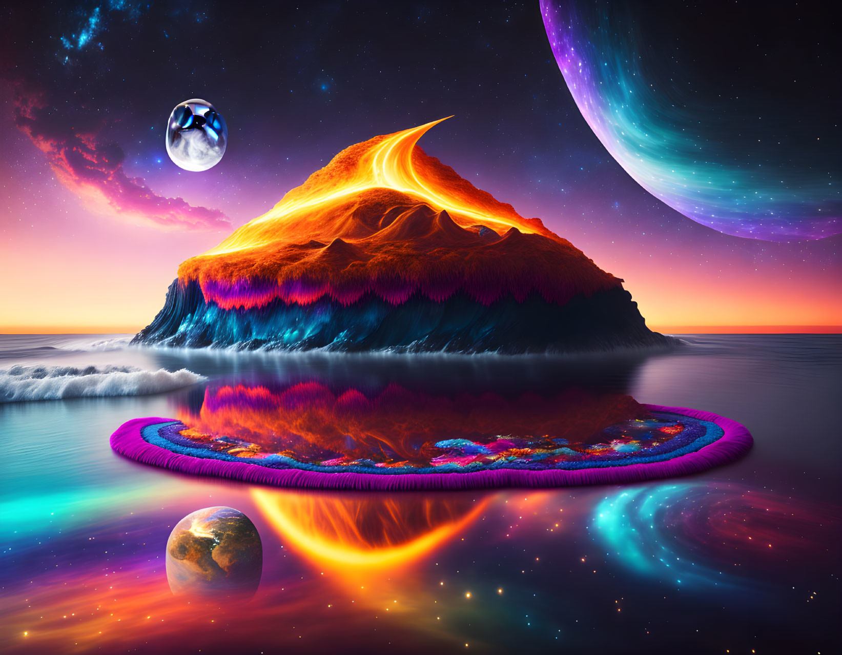 Surreal landscape with lava mountain, cosmic ocean, ring island, and starry sky