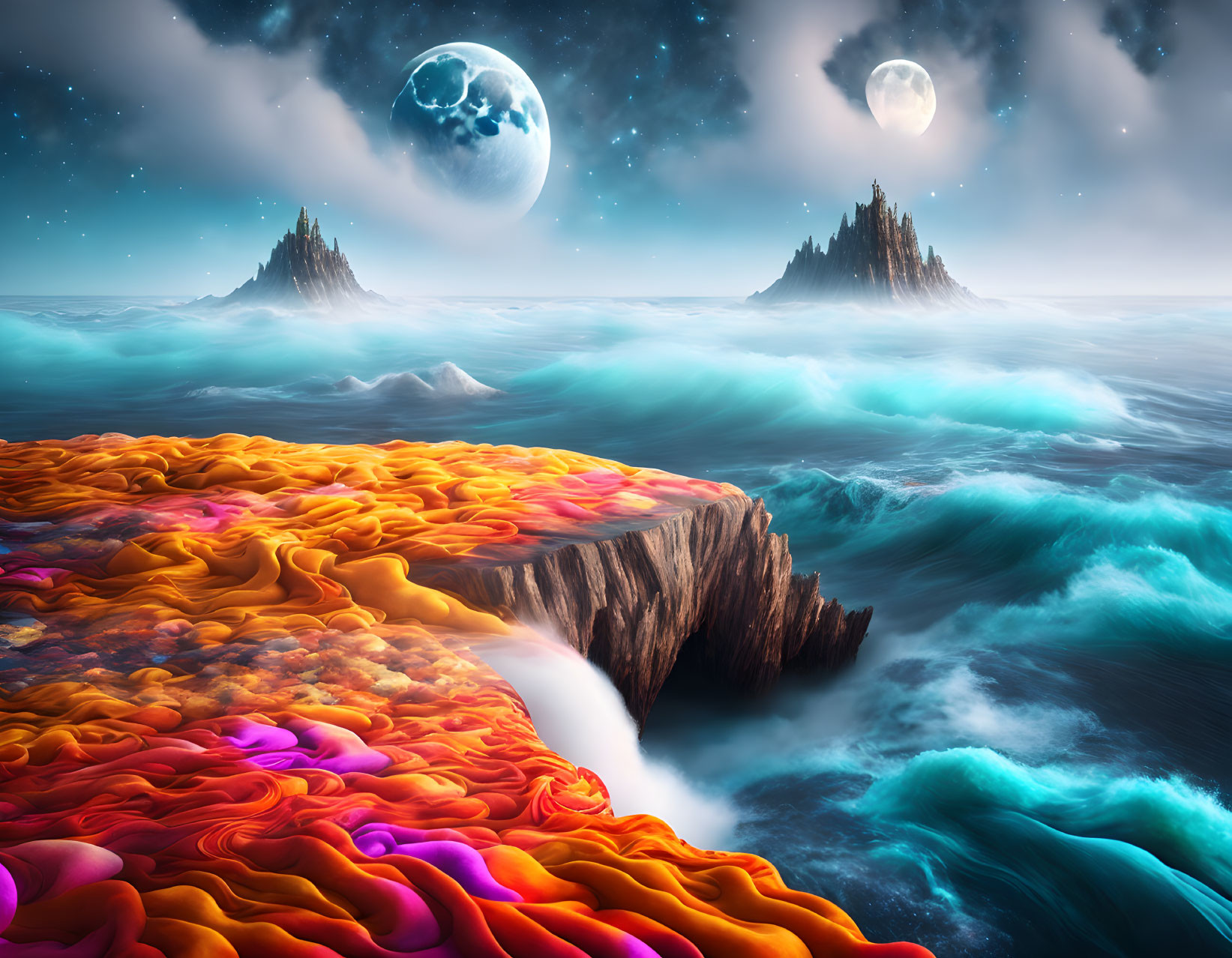 Vibrant surreal sky over misty mountains and lava river