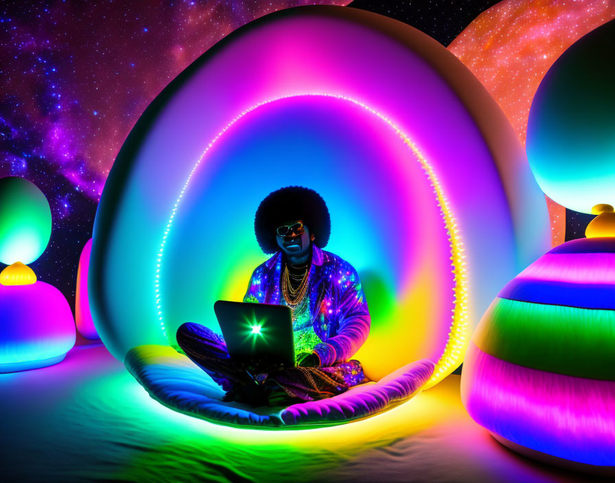 Vibrantly dressed person with laptop in colorful, egg-shaped installation surrounded by glowing orbs and cosmic backdrop