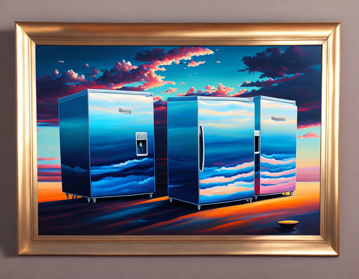 Surreal painting: refrigerators in sunset sky with fruit bowl