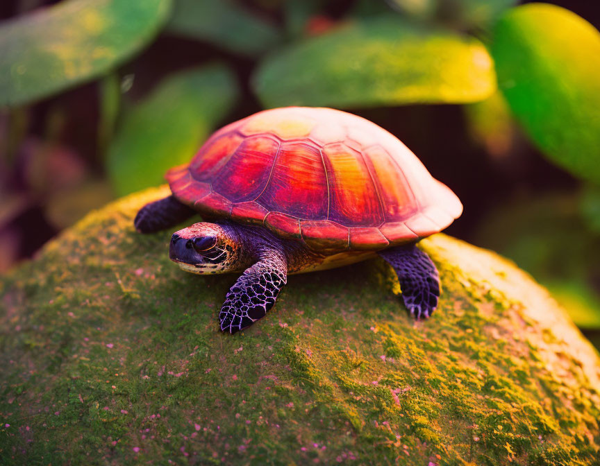 Vibrant orange-brown shell tortoise on moss-covered rock amid green leaves