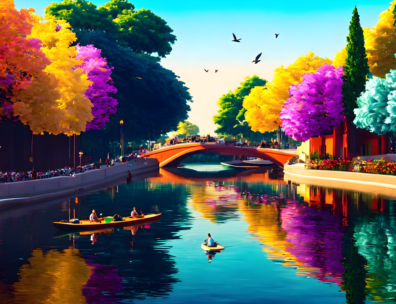 Colorful digital artwork: Canal scene with boats, bridge, trees, and birds