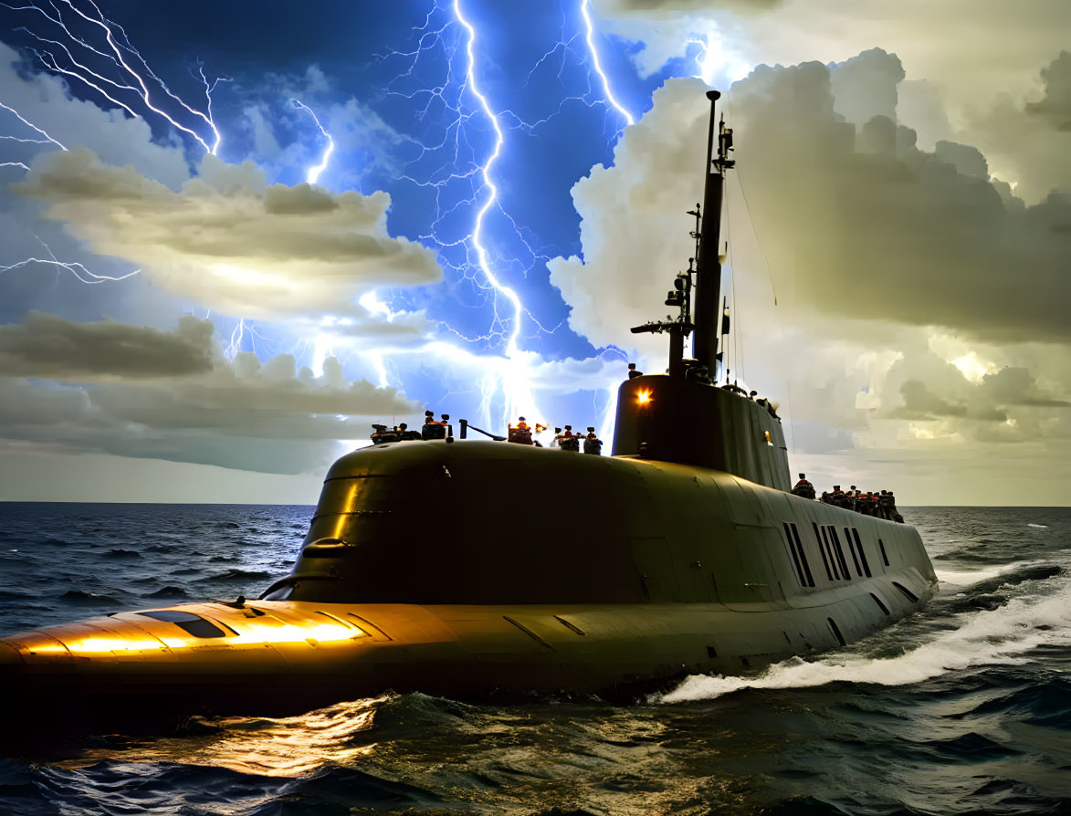 Submarine surfacing in stormy sea under dramatic lightning sky