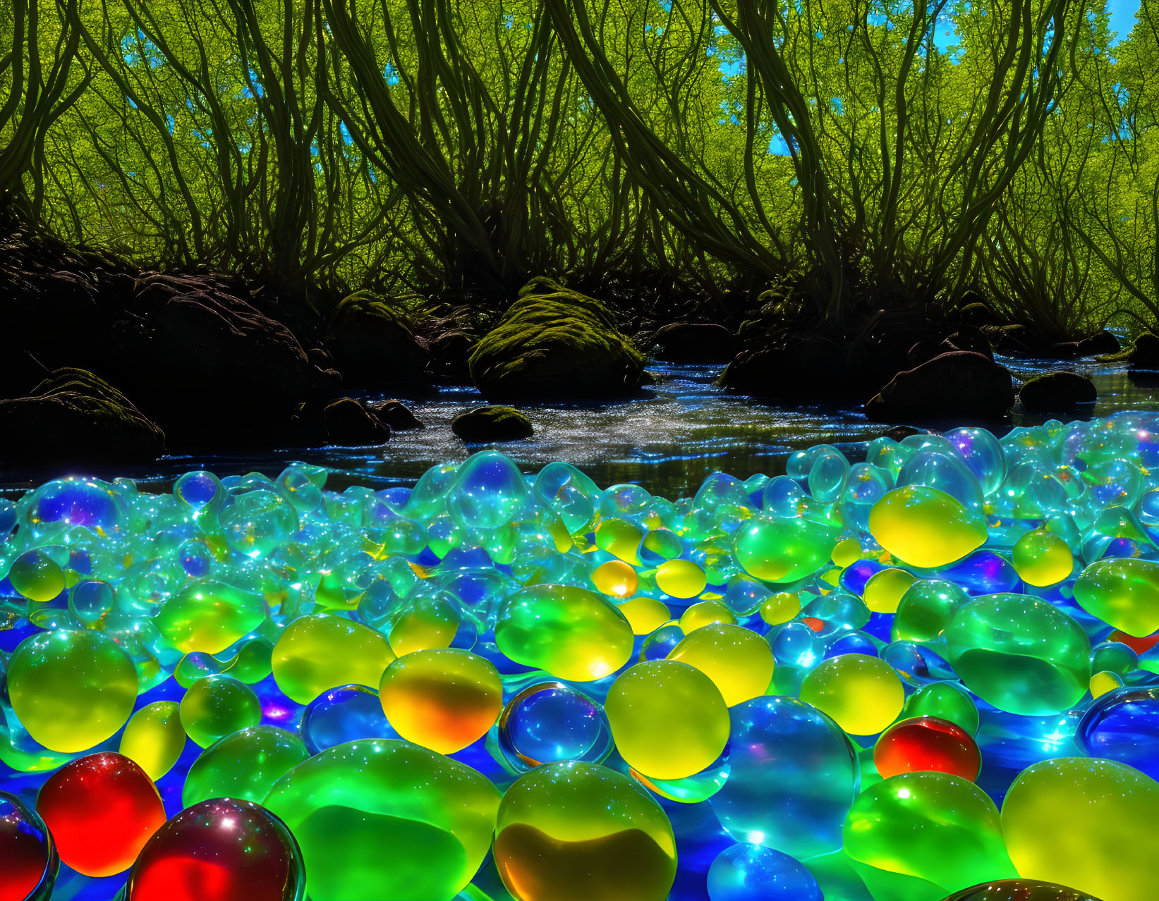 Multicolored translucent orbs in clear riverbed with green trees and blue sky