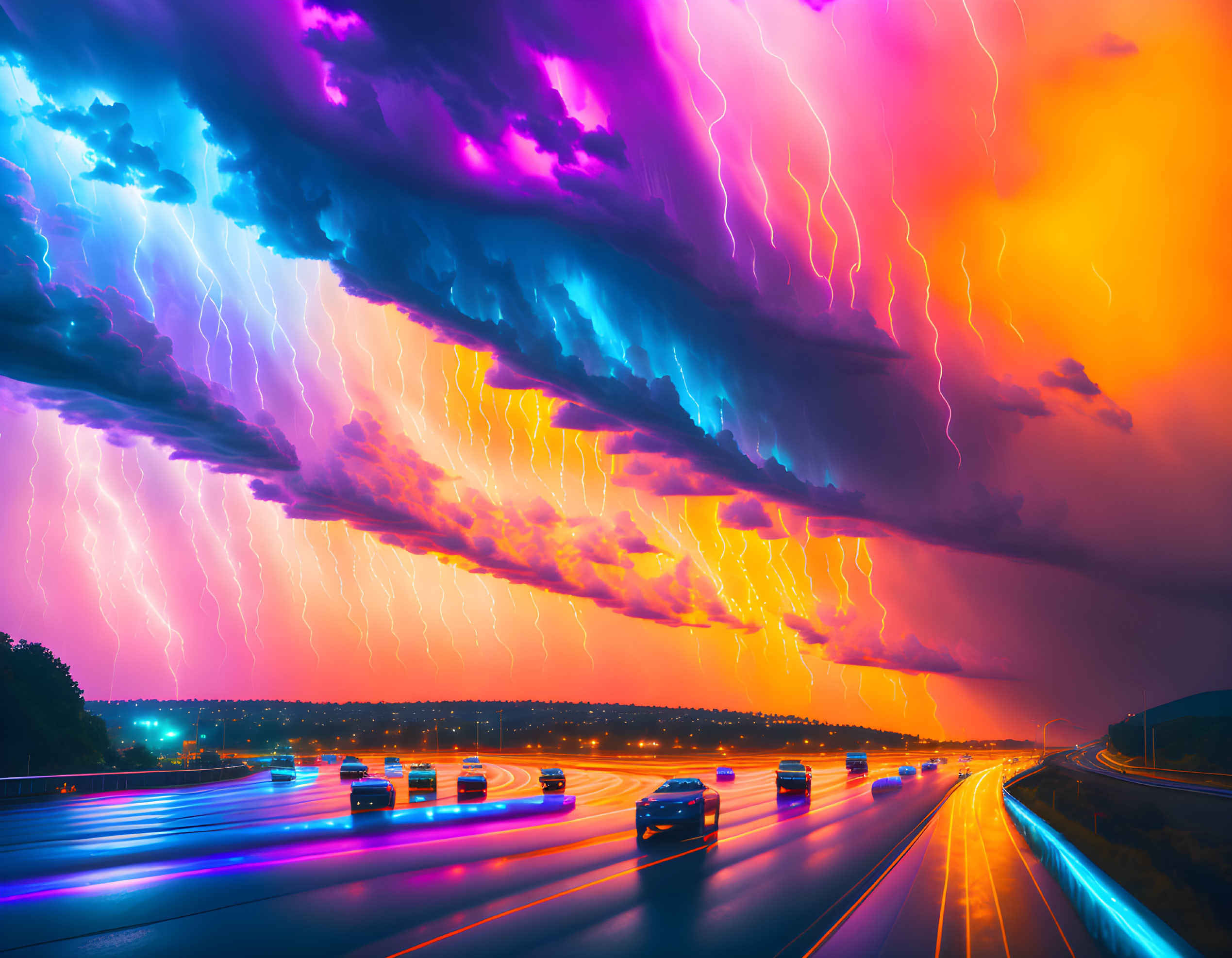 Highway scene with cars at dusk under dramatic sky with lightning