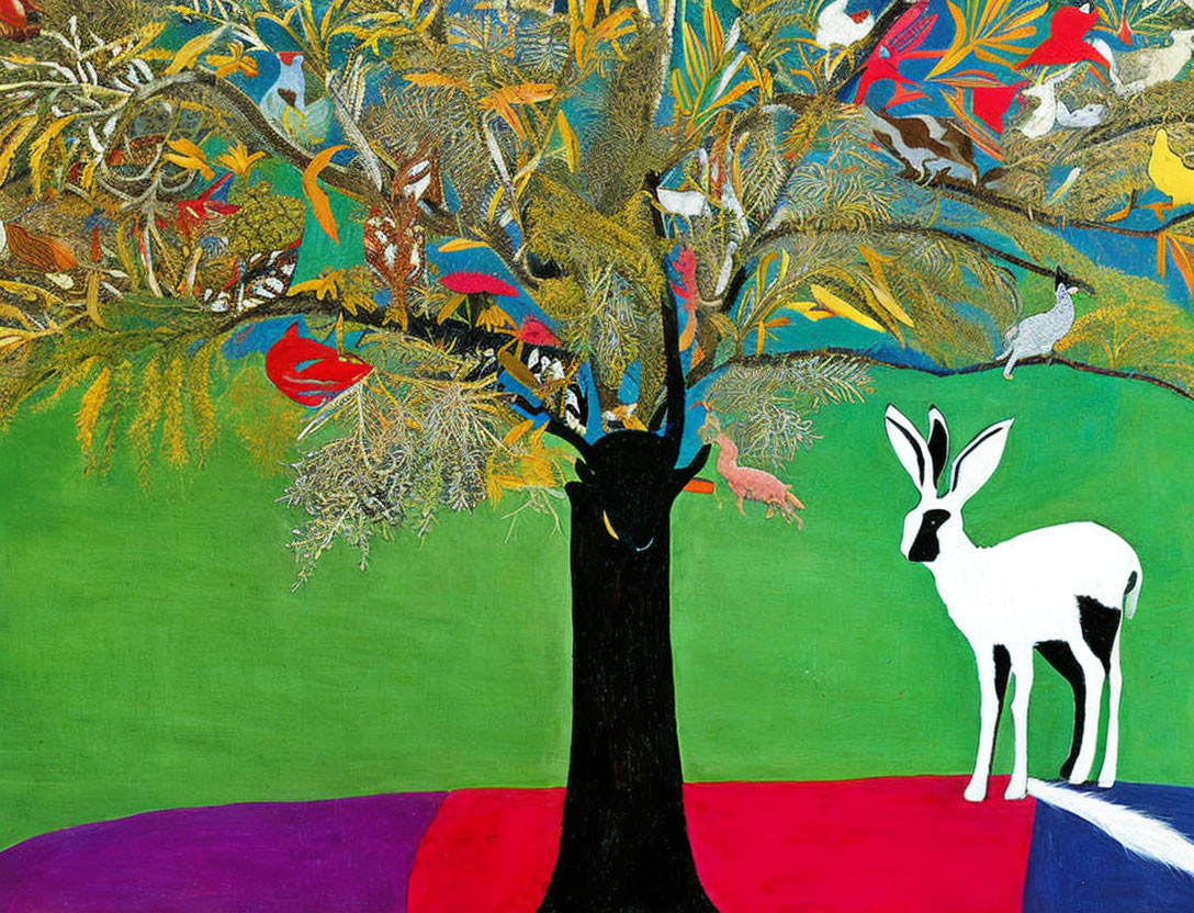 Colorful artwork: Black tree, golden leaves, birds, white gazelle on green & purple.