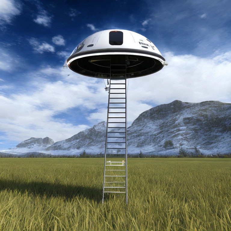 Hovering UFO with extended ladder in grassy field and mountains backdrop