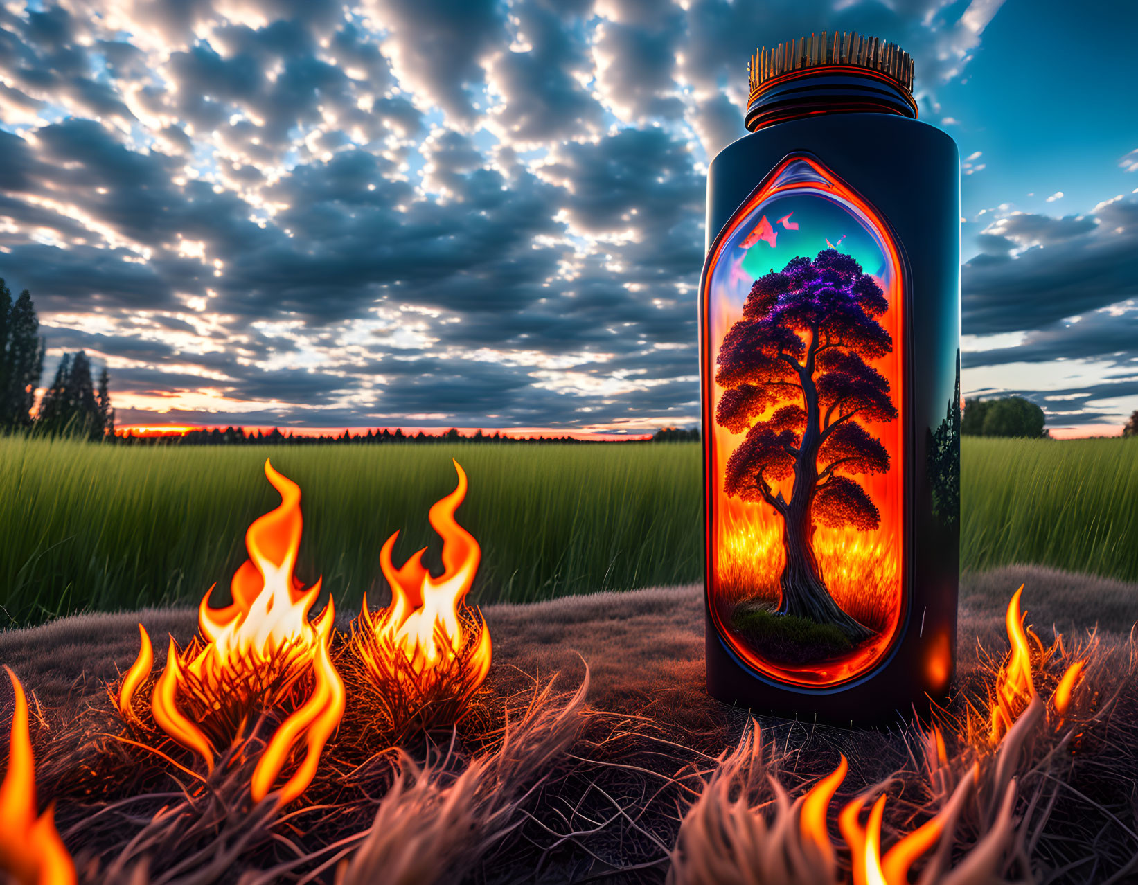 Surreal twilight landscape with vibrant tree, flames, and cloudy skies