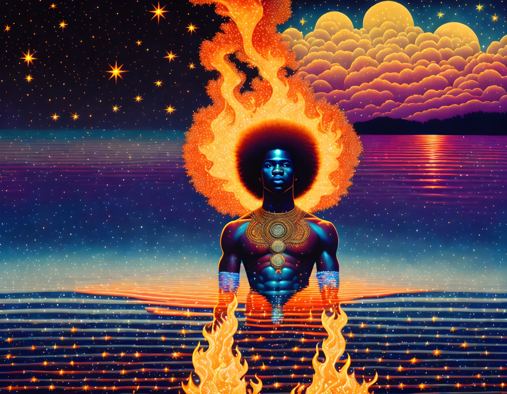 Surreal digital art: person with flaming hair in cosmic setting