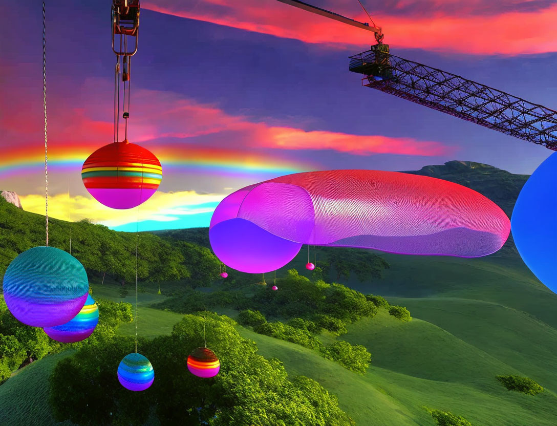 Colorful Digital Artwork: Crane with Glowing Orbs Over Sunset Landscape