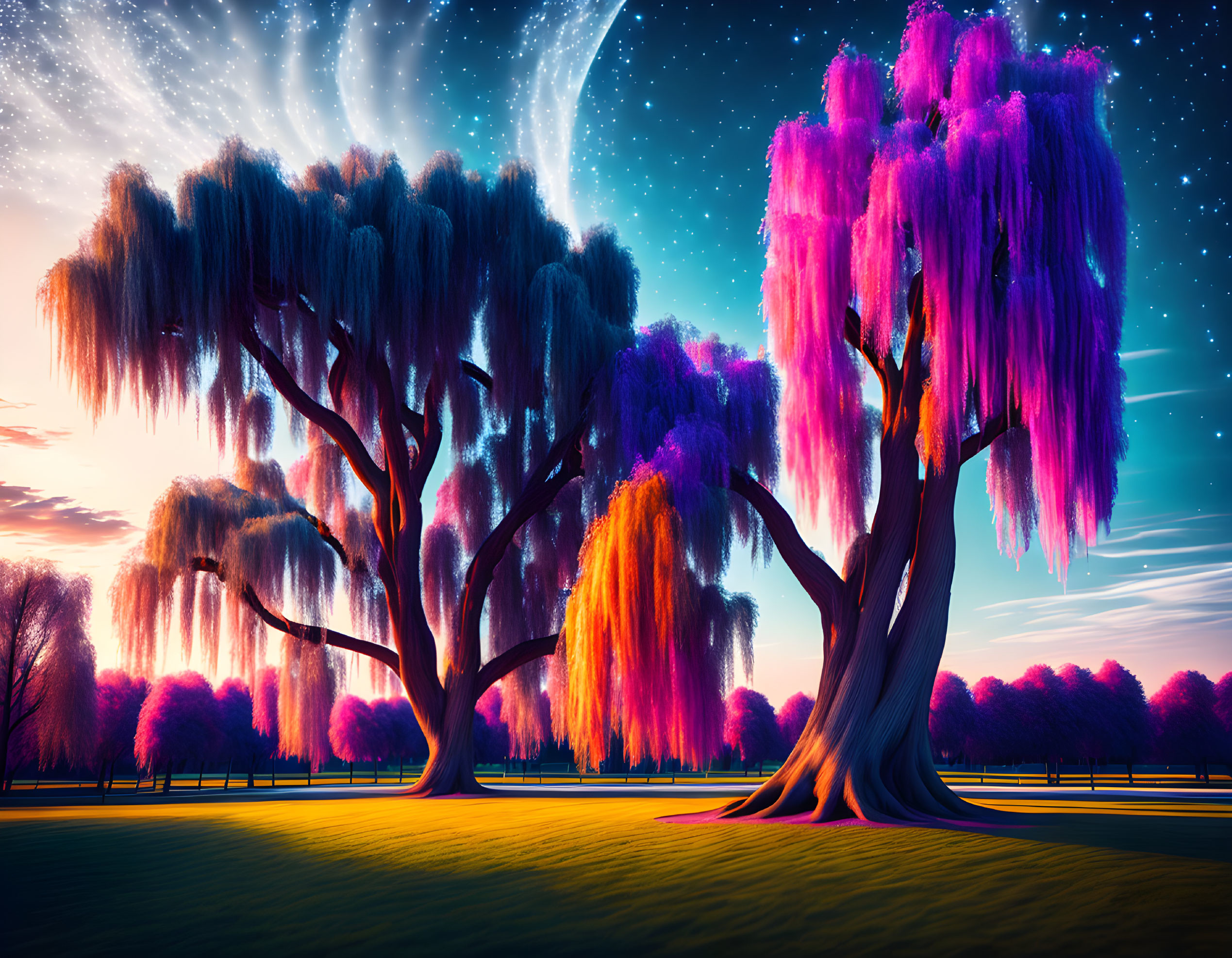 Vibrant digital art: Weeping willow trees in purple and pink foliage under twilight sky