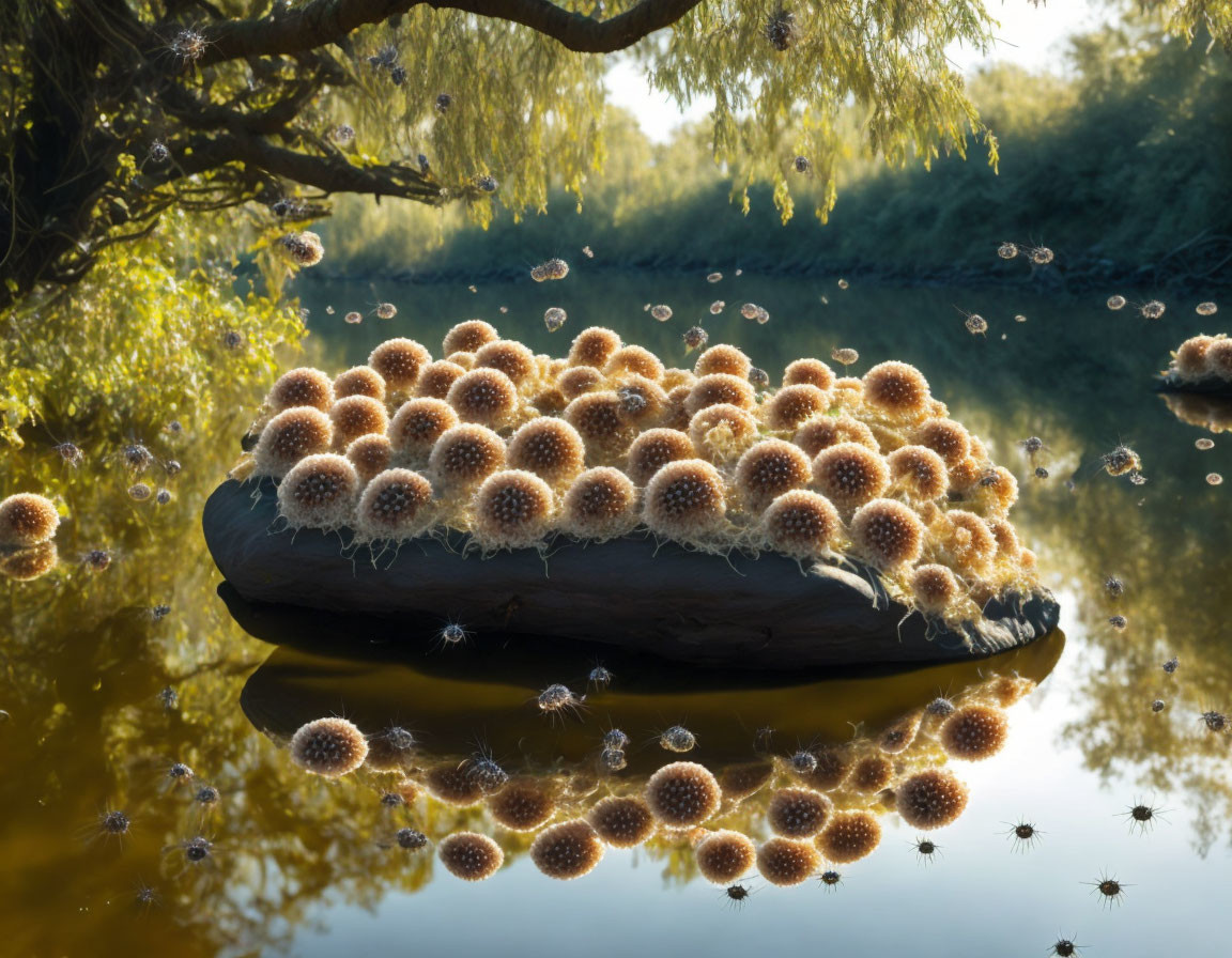 Tranquil scene: dandelion seeds on rock, floating over calm water and lush trees