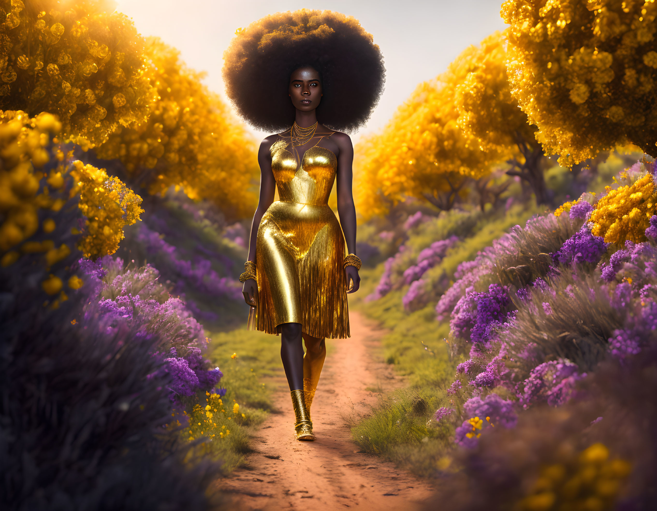 Woman in Gold Dress Walking Among Vibrant Flowers