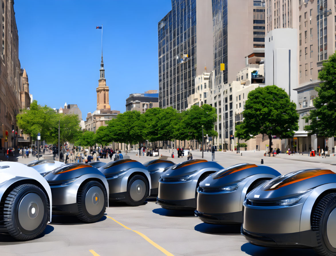 Futuristic autonomous cars in urban setting with pedestrians and classical architecture