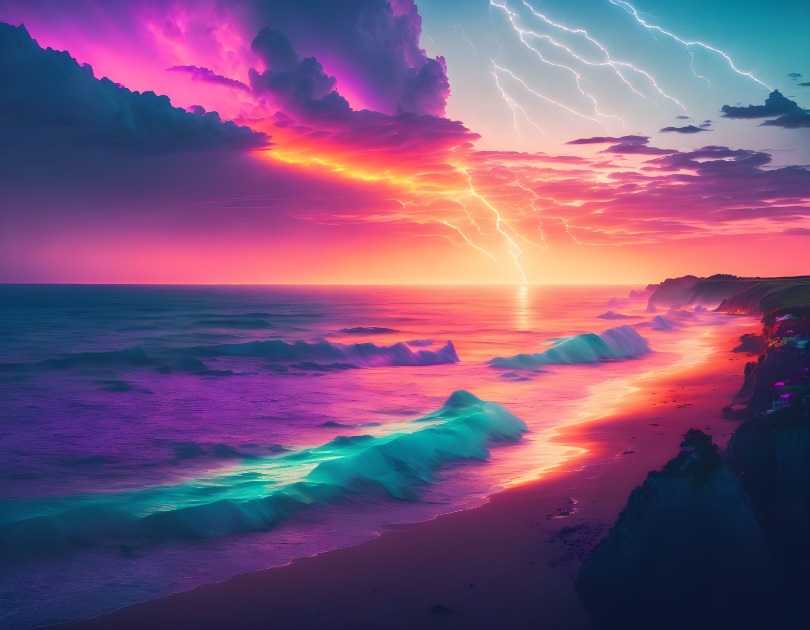 Neon beach scene with lightning, purple sky, and crashing waves