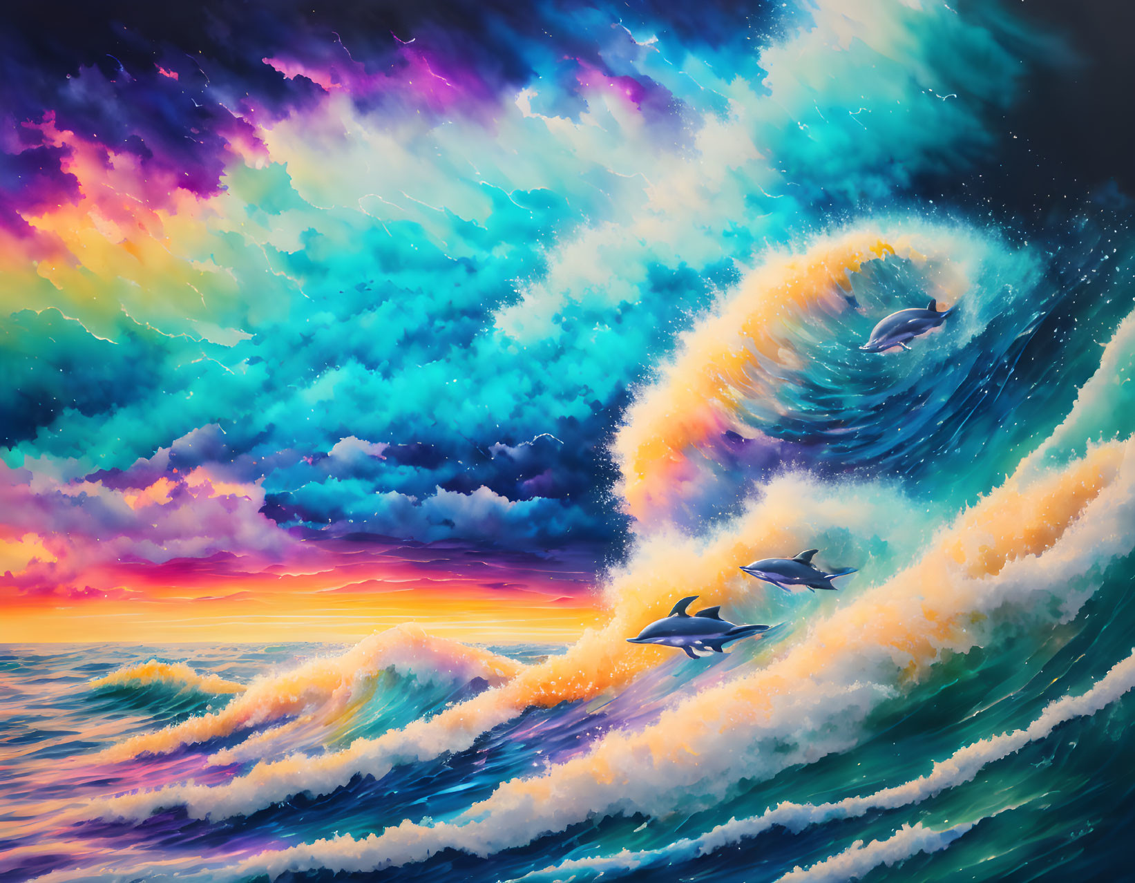 Digital Art: Dolphins in Colorful Surreal Sky