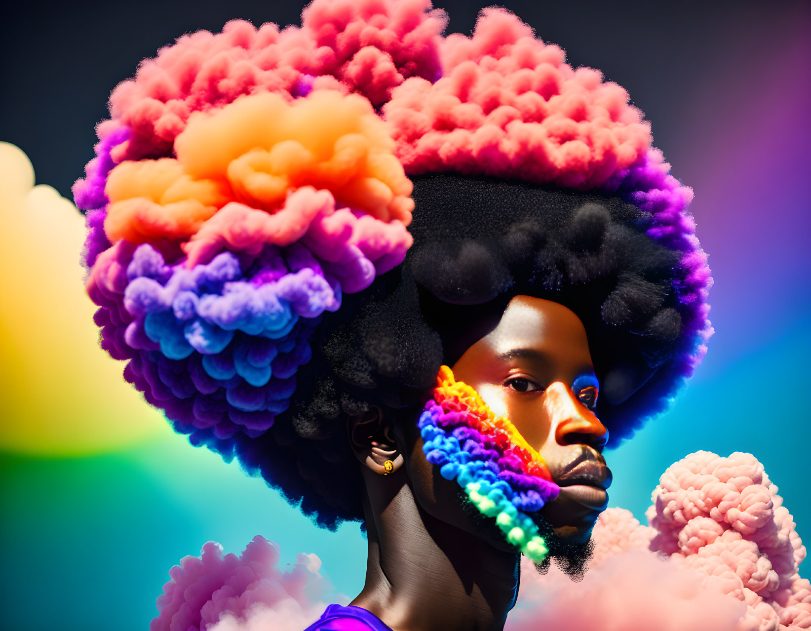 Vibrant Afro Hairstyle Resembling Colorful Clouds and Rainbow Beard Effect