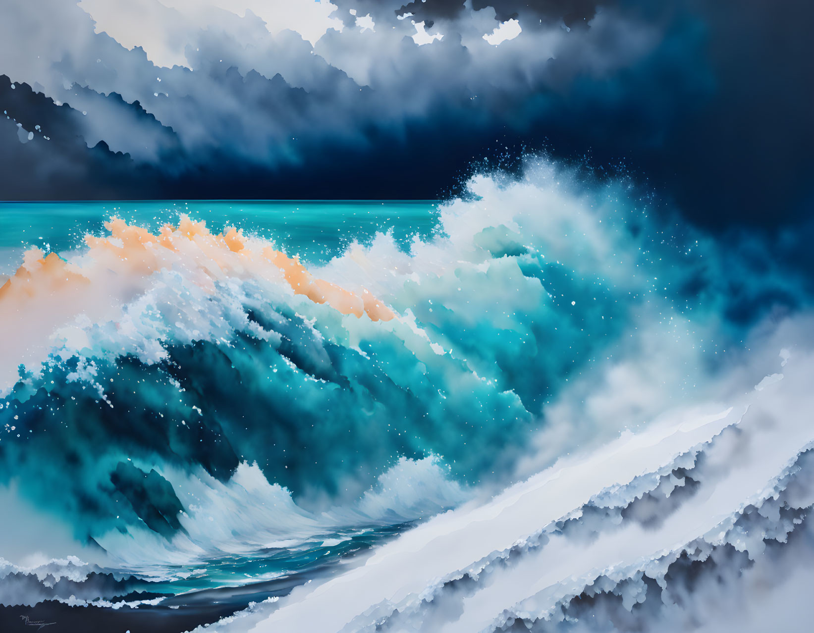 Dynamic Ocean Wave Artwork with Blue and White Shades under Dramatic Sky