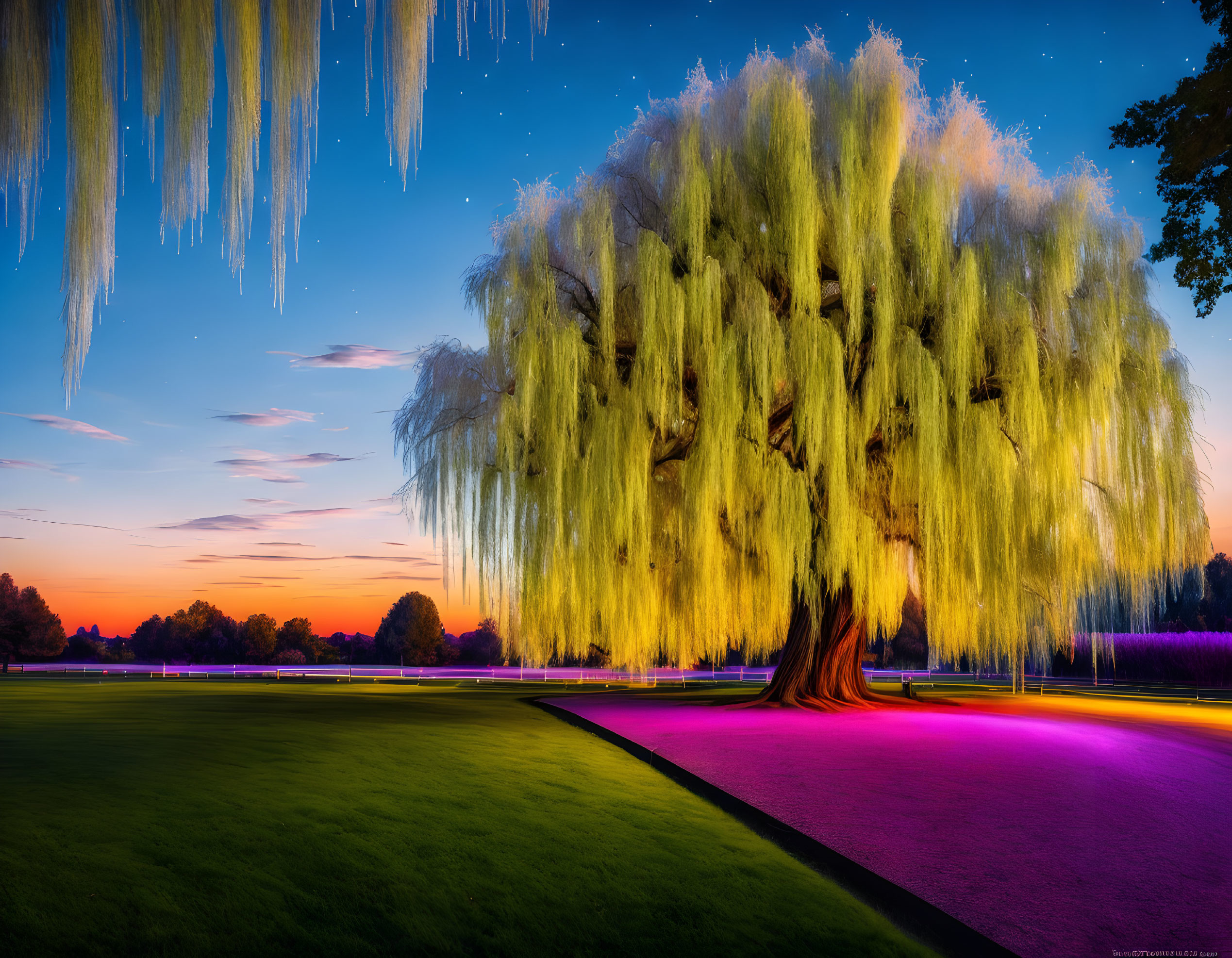 Majestic weeping willow tree at twilight with backlit leaves and starry sky