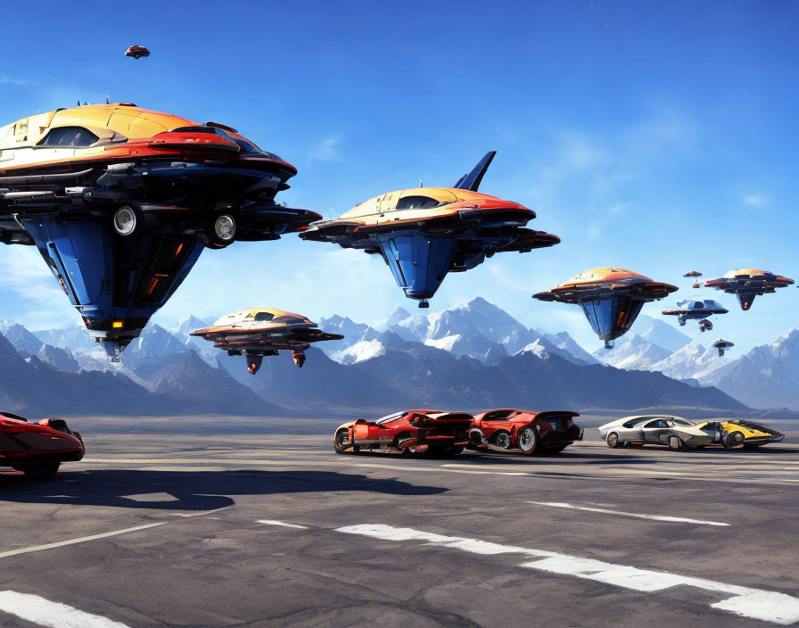 Futuristic flying cars over mountain landing pad with sleek ground vehicles