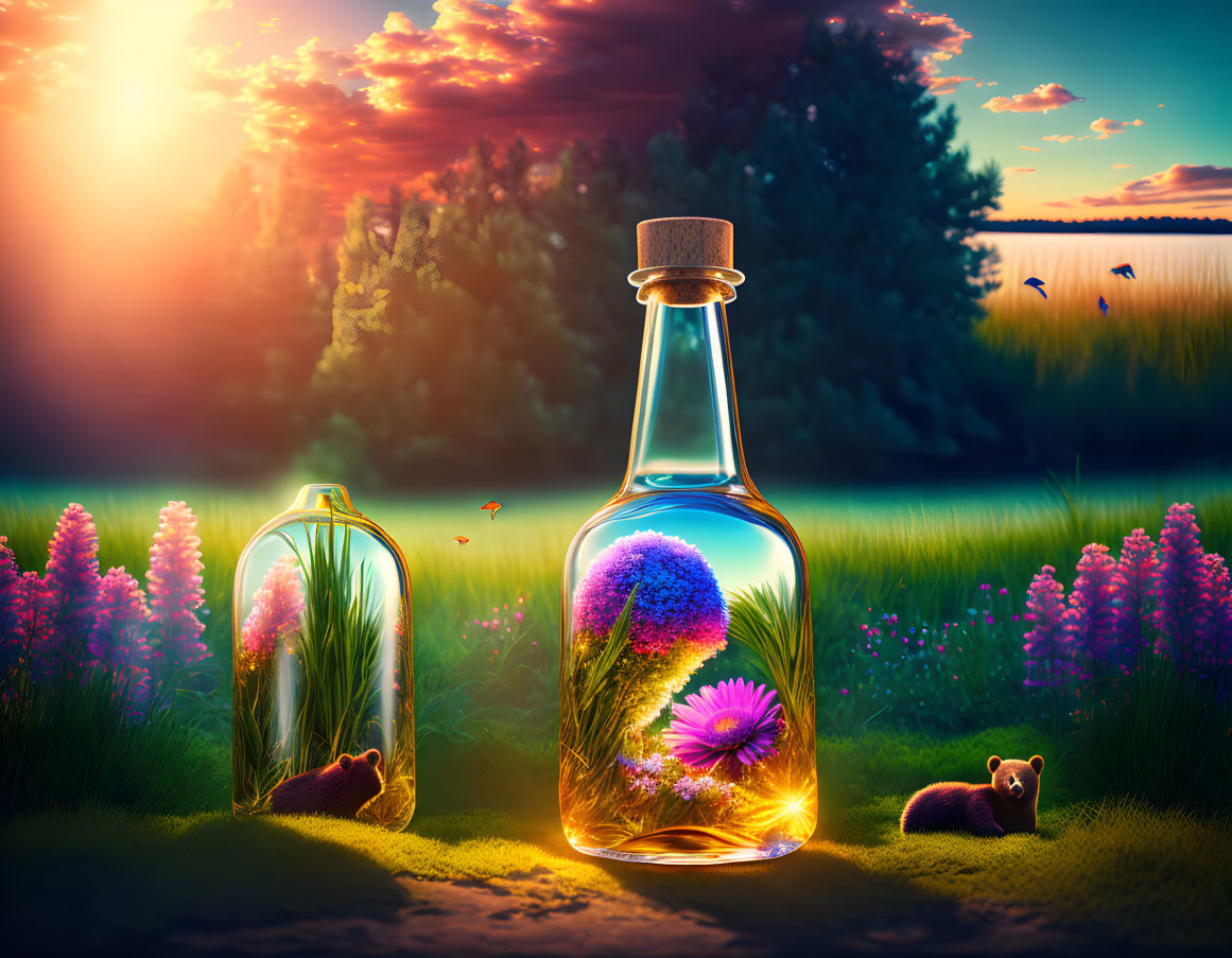 Glass bottle and dome with vibrant flowers in serene meadow at sunset