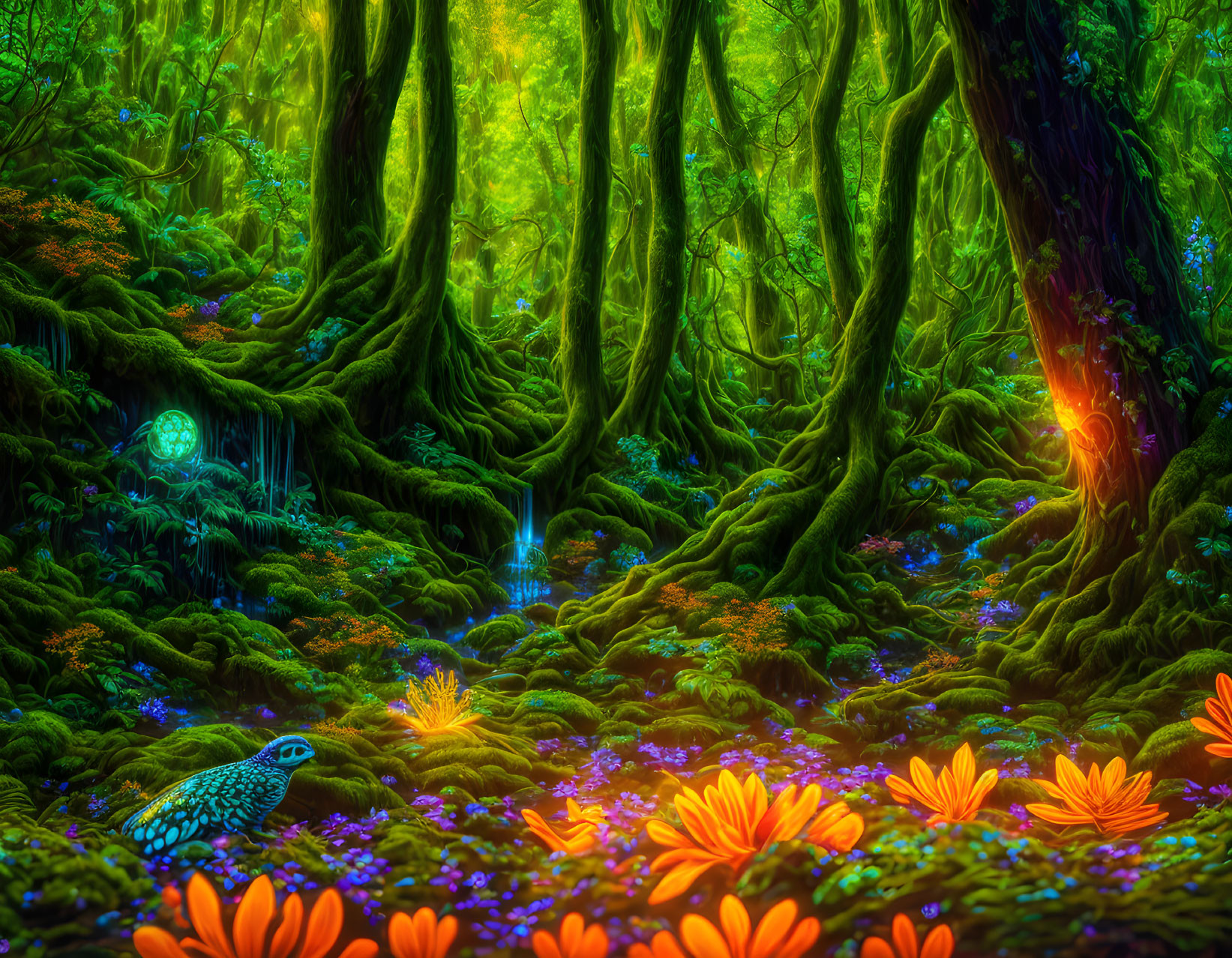 Enchanting forest scene with luminous flowers, peacock, twisting trees