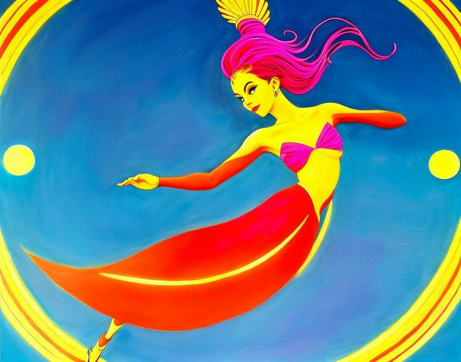 Colorful illustration of woman dancing in front of abstract background.