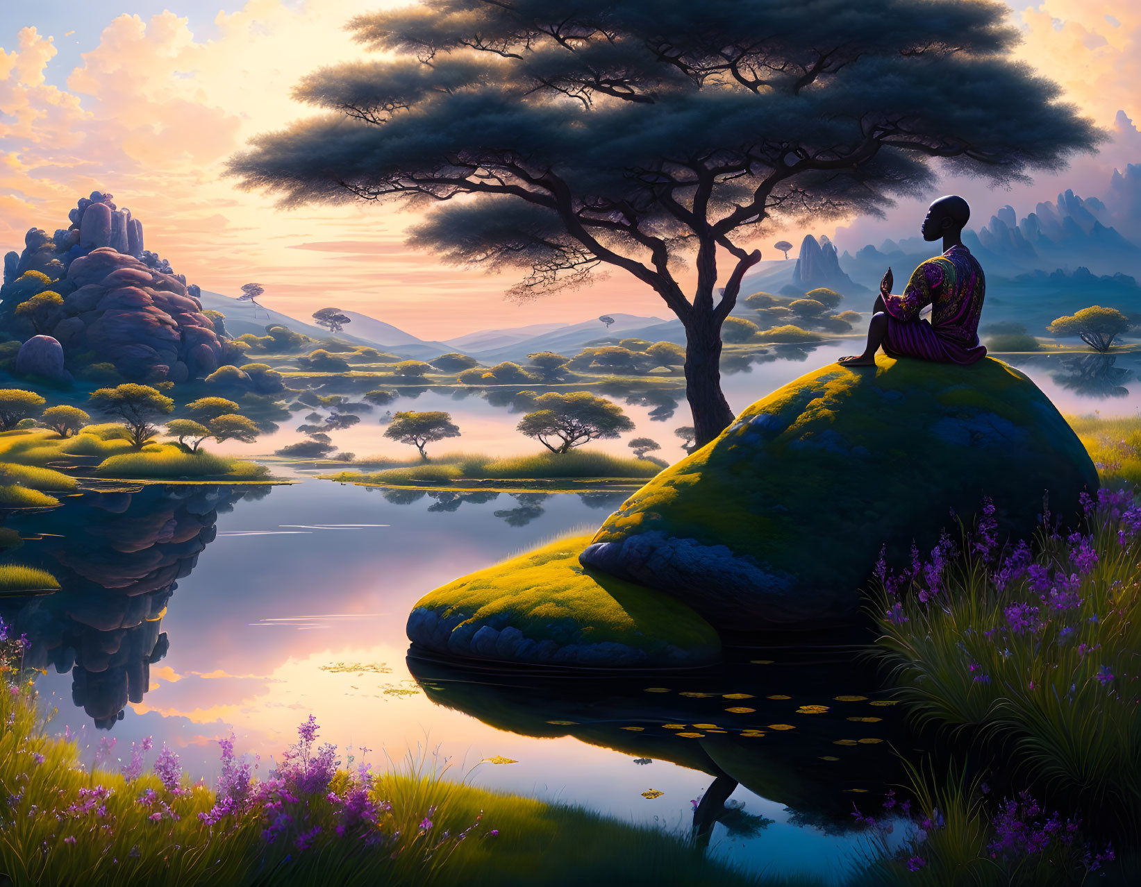 Tranquil landscape with person meditating on mossy rock