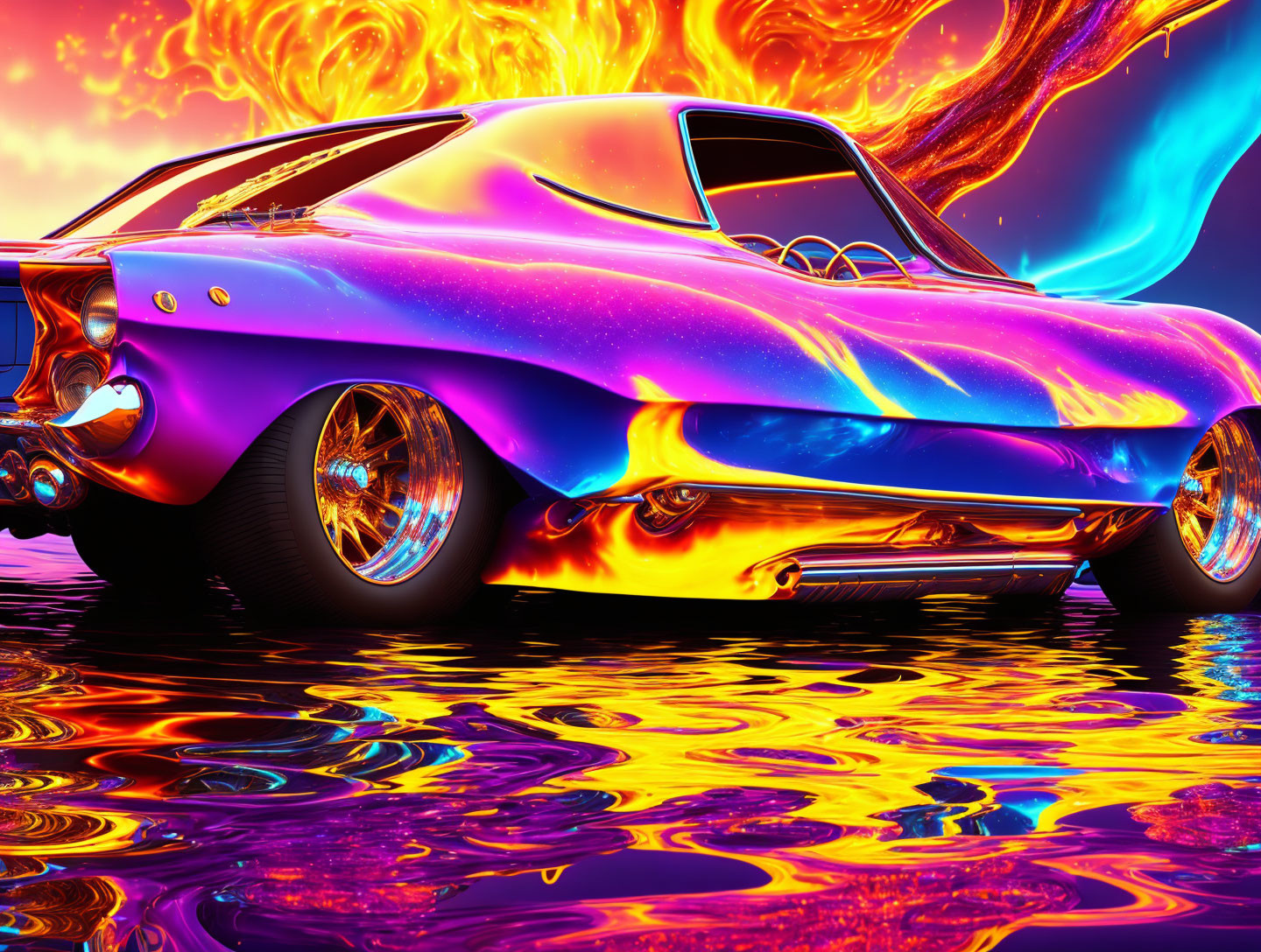 Colorful psychedelic classic car with flame design on liquid surface.