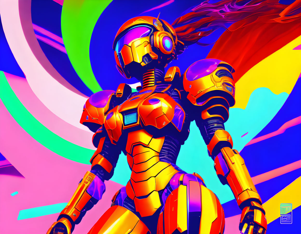 Futuristic robot with gold and orange armor on colorful swirl background