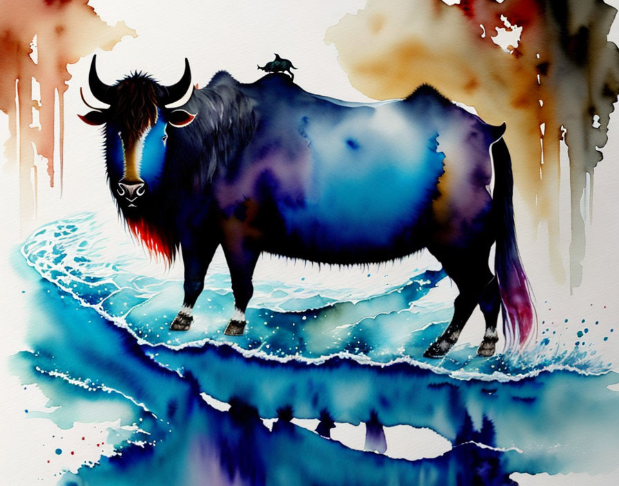 Vibrant watercolor painting: Yak on blue waves with red, blue, and brown hues