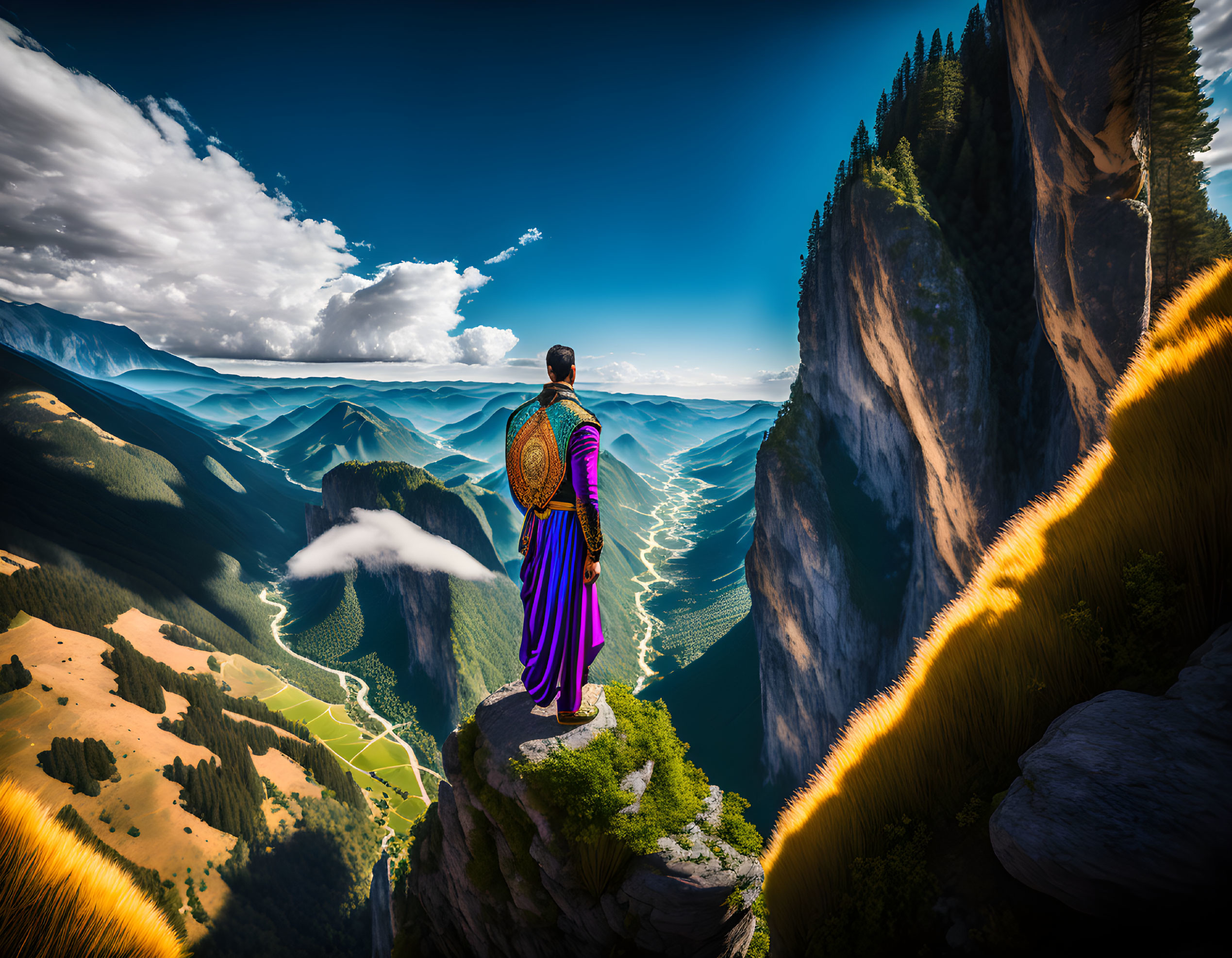 Warrior in Purple Attire on Cliff with Shield and Scenic Valley View