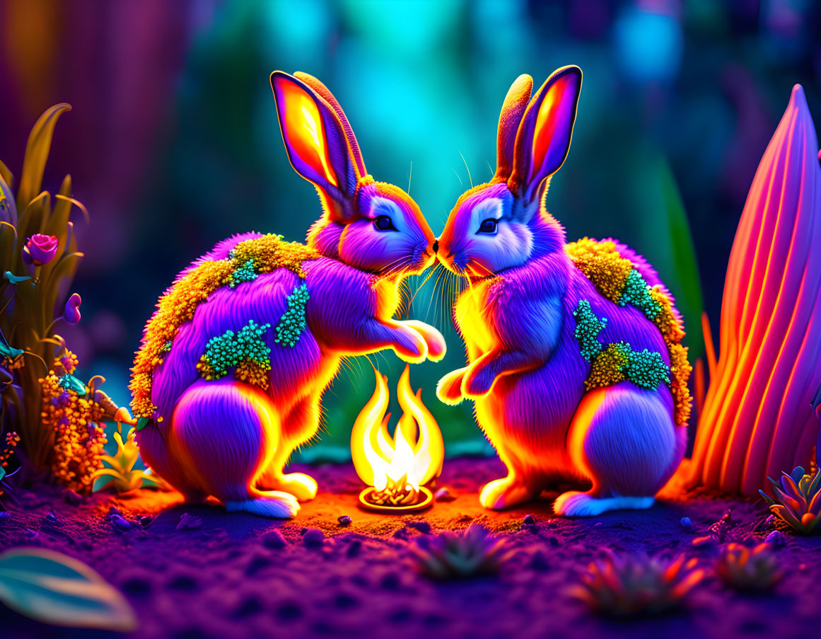 Vibrant neon-colored rabbits with floral patterns in mystical forest scene