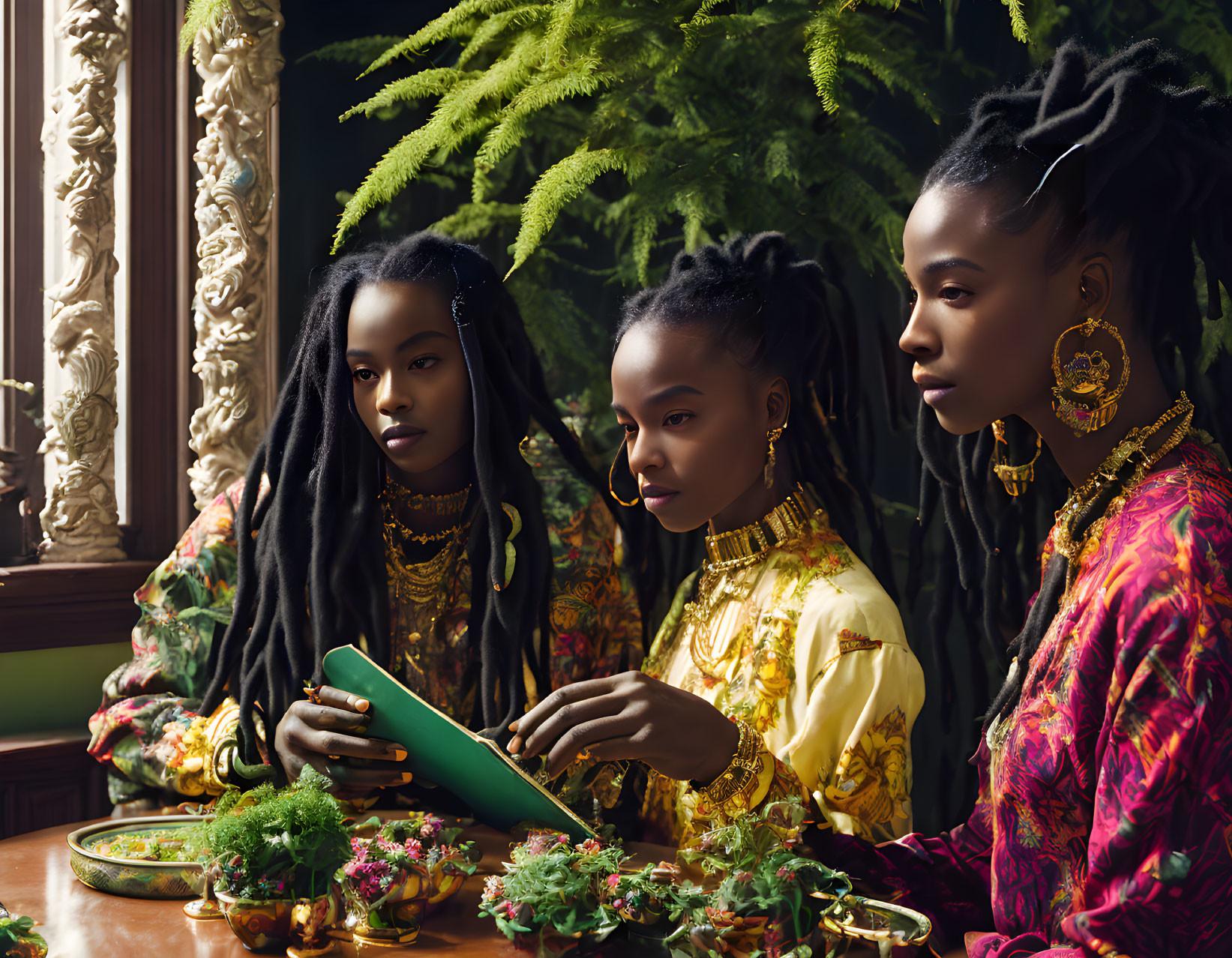 Three women in elegant golden attire with styled dreadlocks at a table with greenery