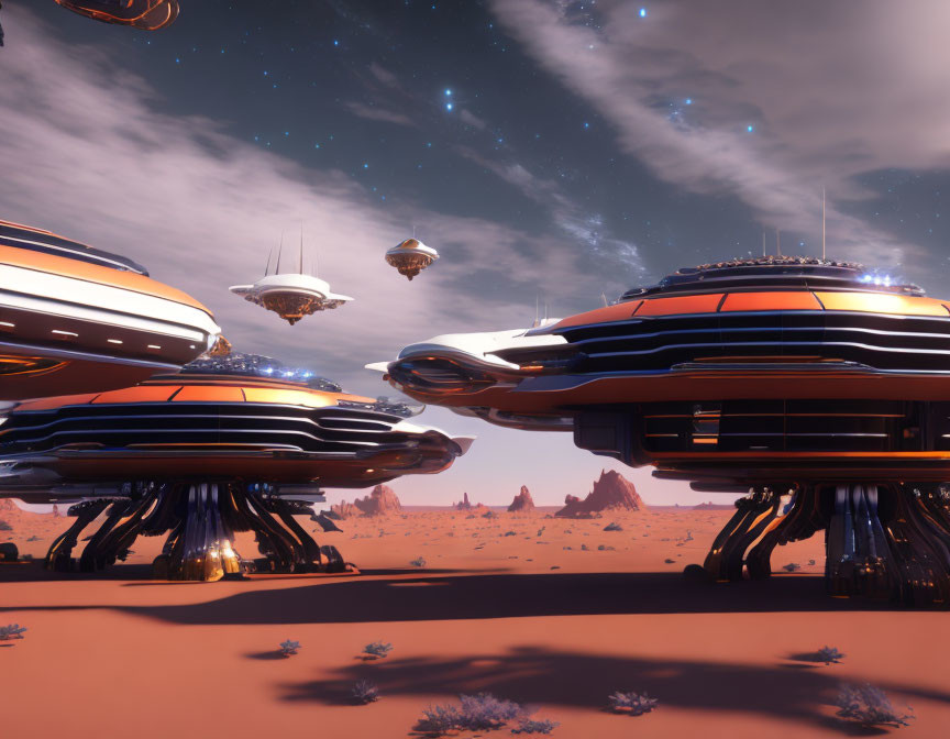 Orange and black striped futuristic spaceships on desert alien landscape under starry sky.