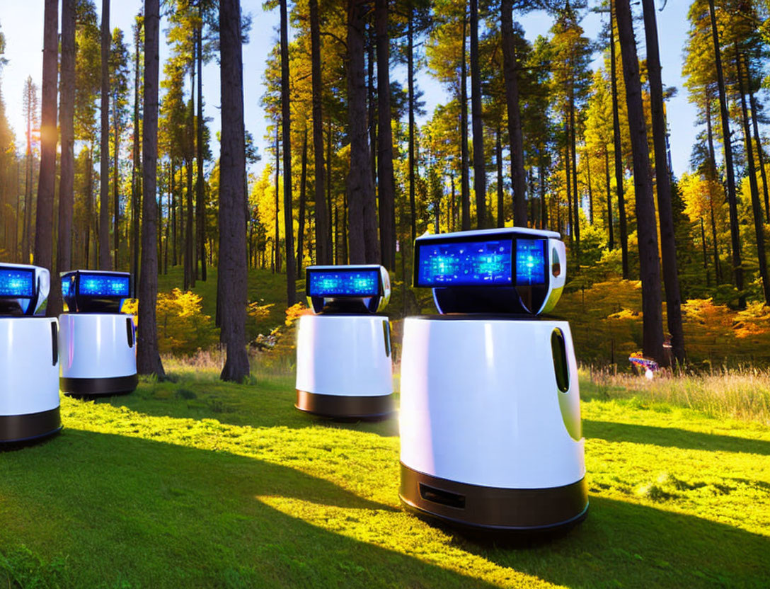 Three white robots with blue lights in sunny forest clearing