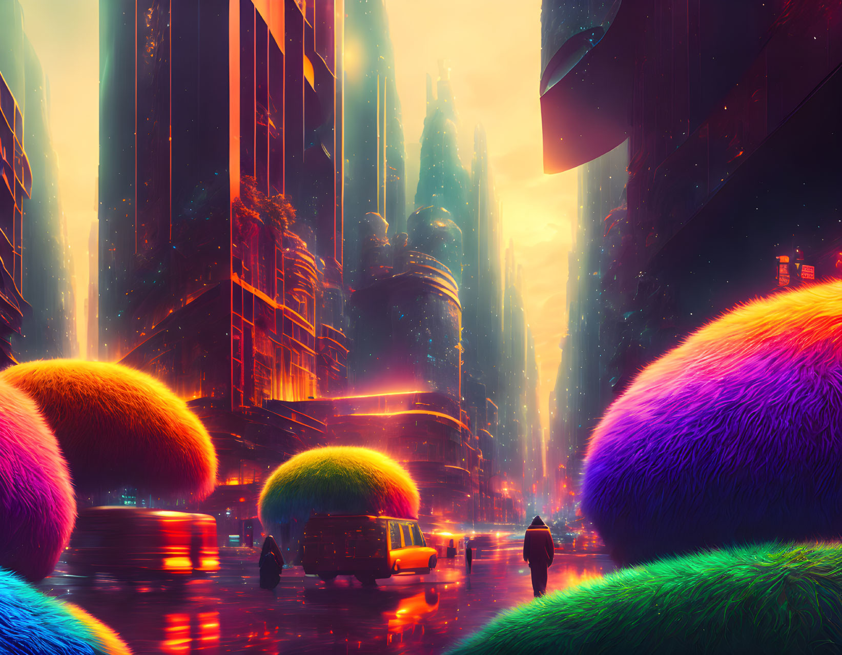 Vibrant futuristic cityscape with neon lights, skyscrapers, spherical flora, figure, flying