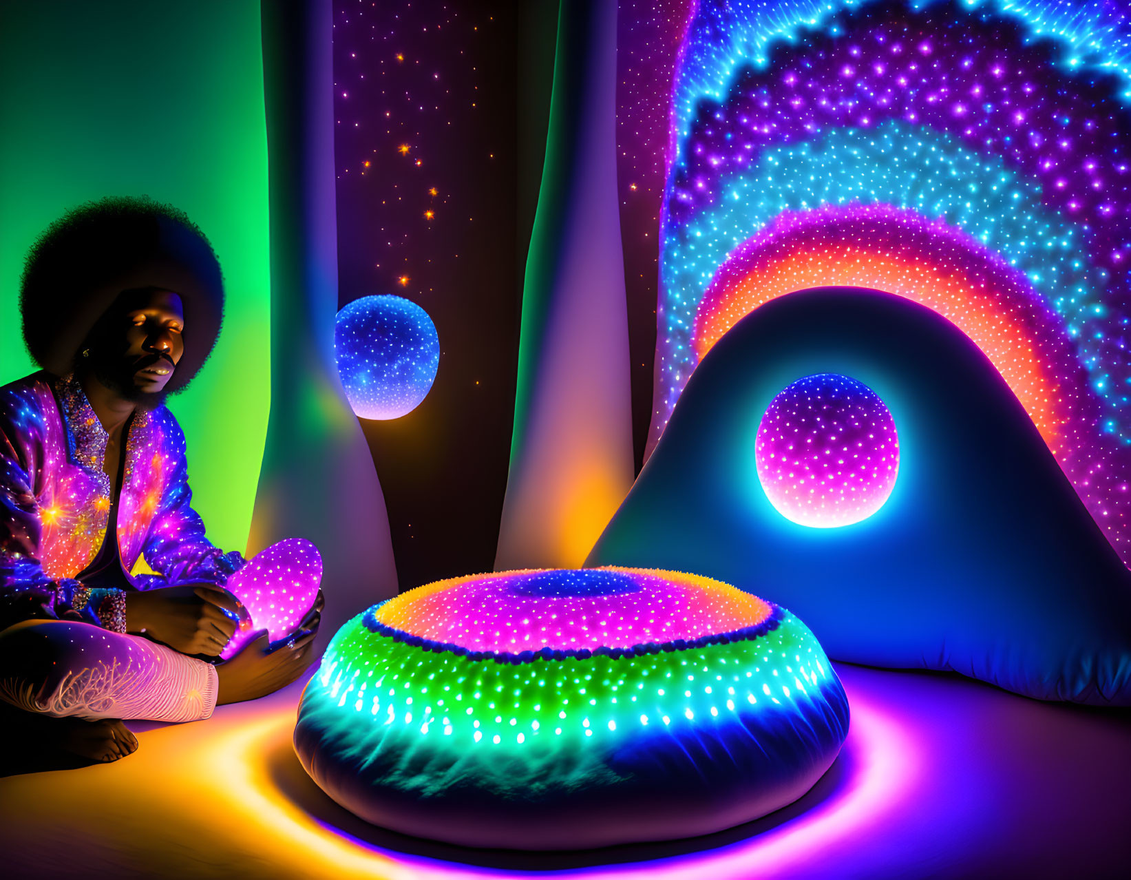 Vibrant psychedelic room with LED lights and glowing orbs