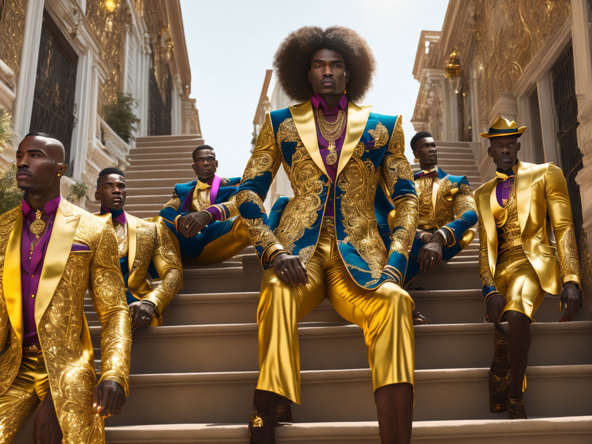 Men in Luxurious Gold and Blue Suits on Elegant Staircase