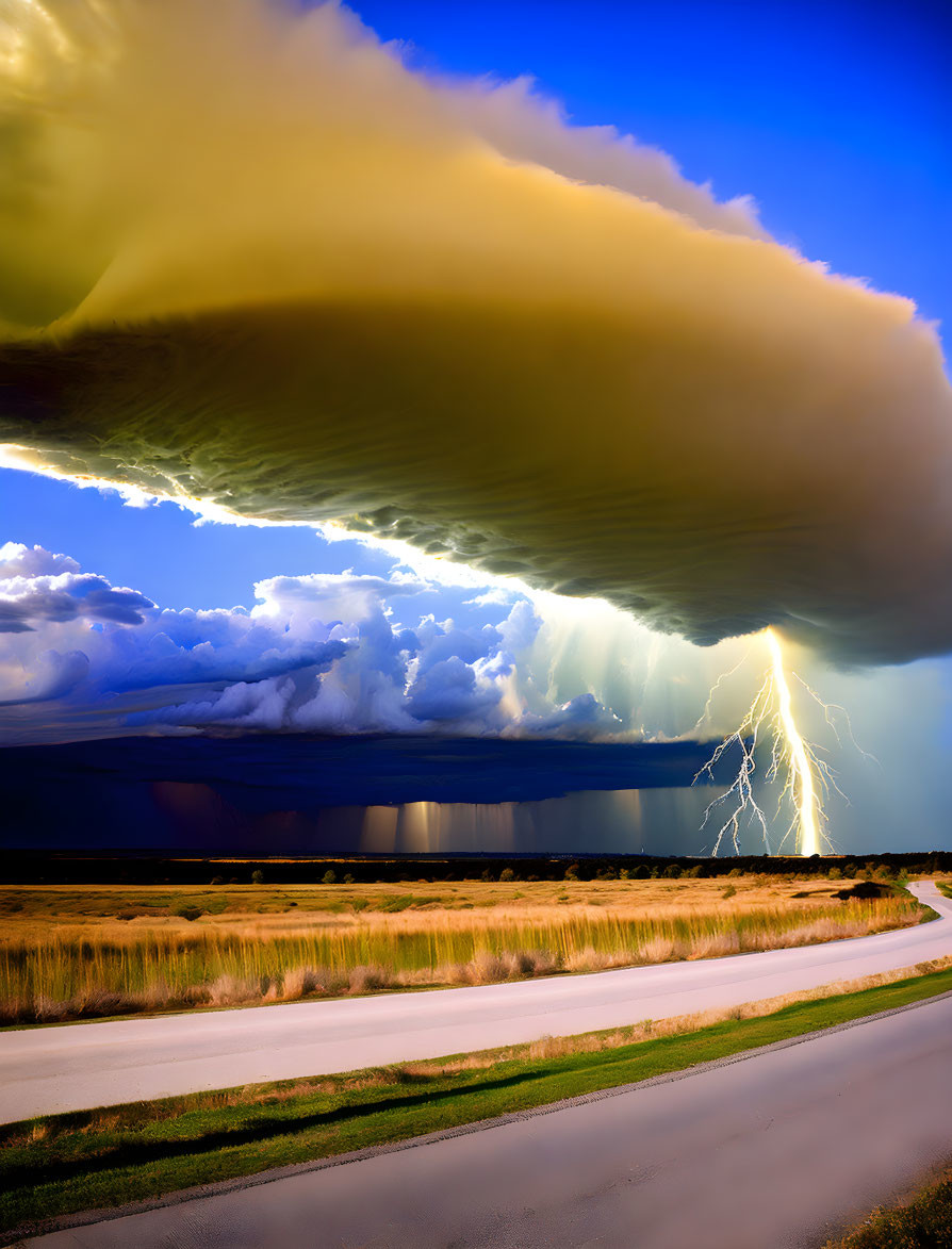 Dramatic shelf cloud with lightning strike over landscape & winding road