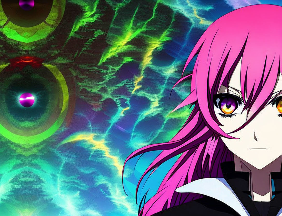 Pink-haired character in cosmic scene with purple eyes & floating orbs