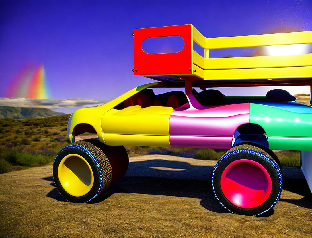 Futuristic colorful car with oversized wheels in desert with rainbow