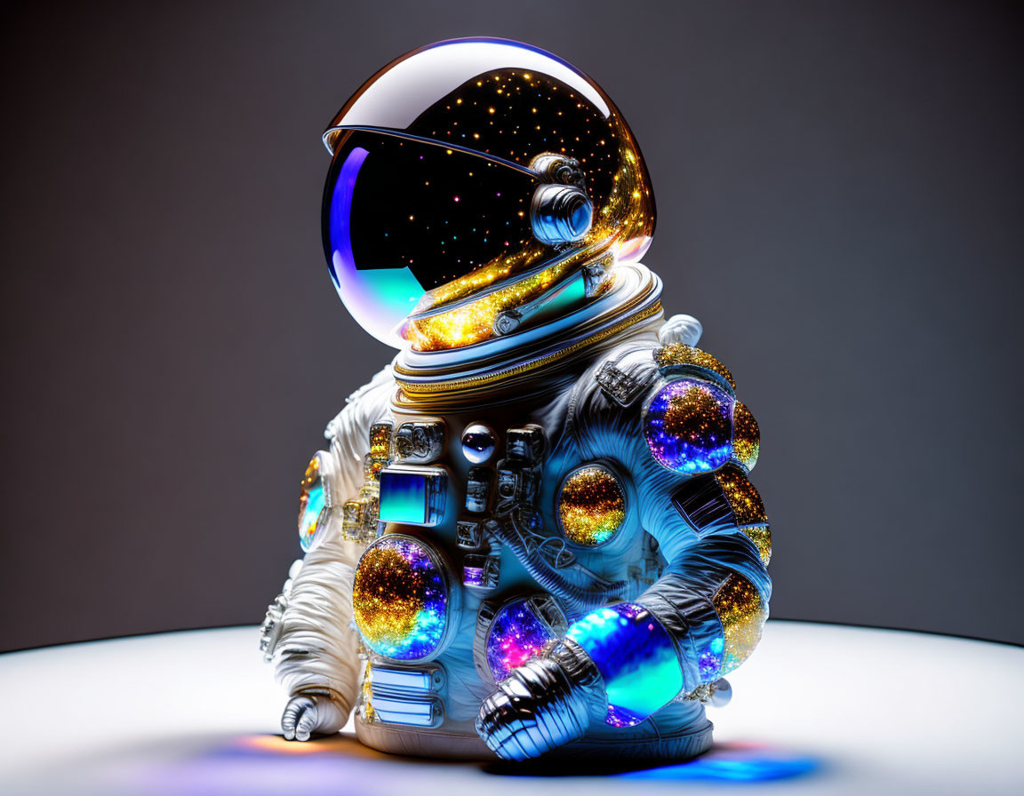 Reflective astronaut suit with glowing designs on starry cosmos backdrop