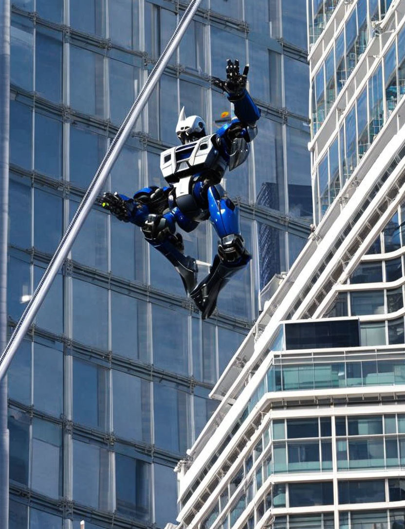 Elaborate robot costume person rappelling down glass skyscraper