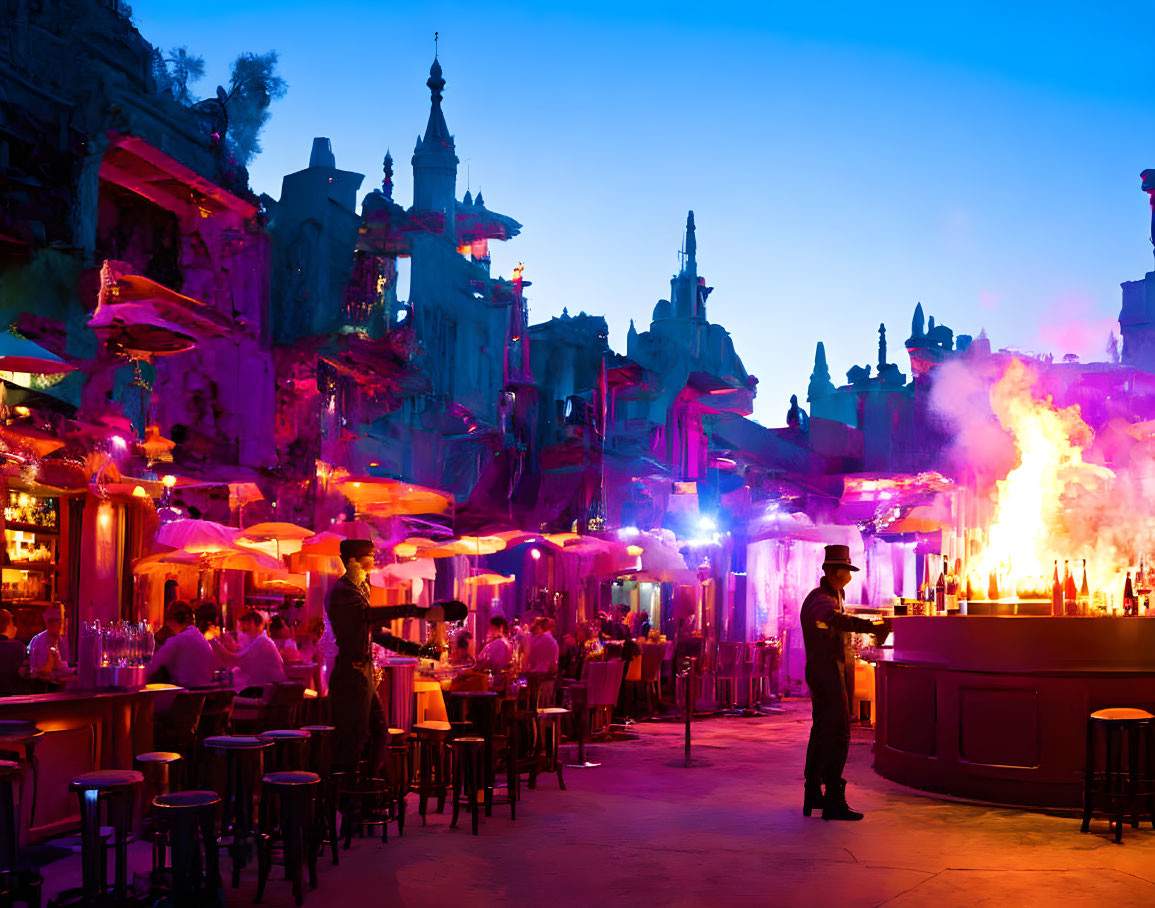 Twilight outdoor bar scene with neon lights and futuristic cityscape