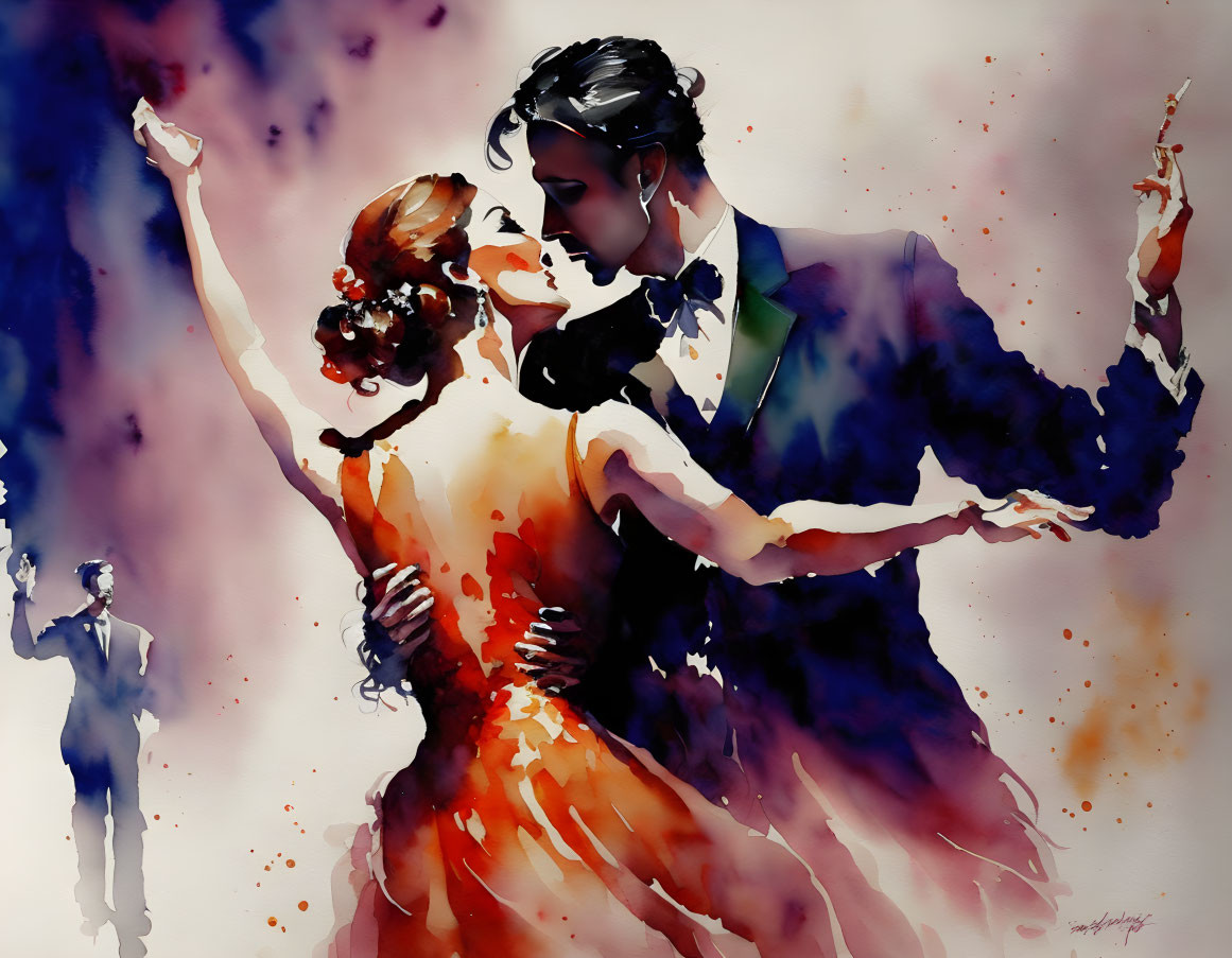 Vibrant watercolor painting of couple dancing in formal attire