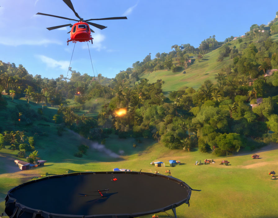 Red helicopter hovers over lush green hillside with trampoline and picnic tables